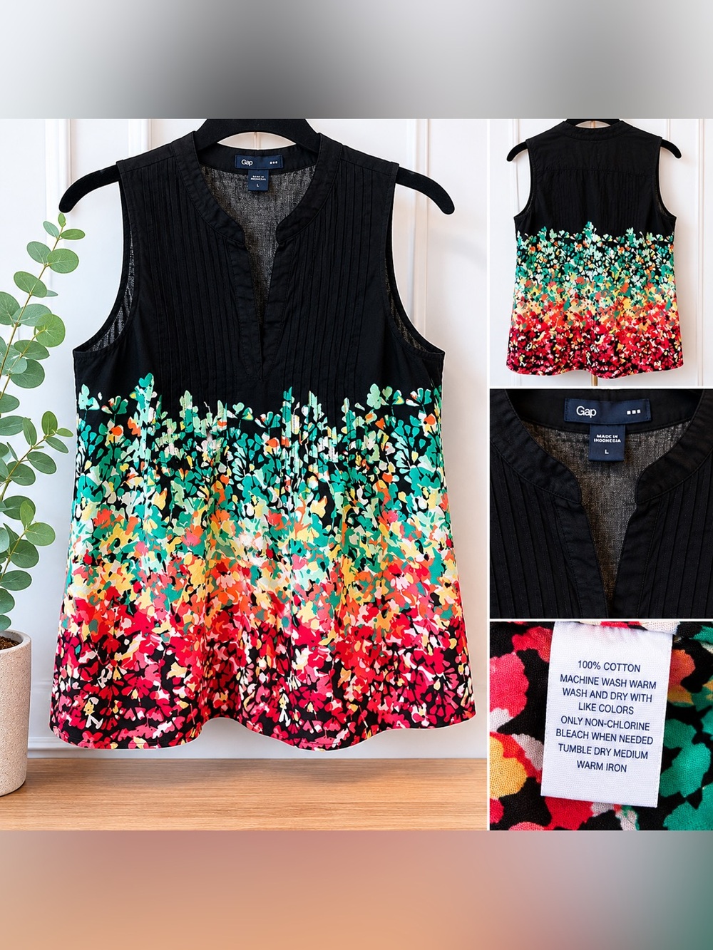 Gap Women’s Large Sleeveless Floral Pintuck Blouse Black Multicolor Cotton Tunic